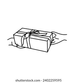 hand holding gift box present line art vector illustration
