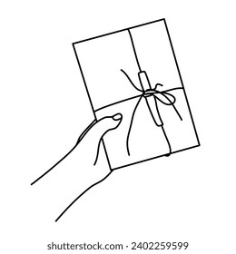hand holding gift box present line art vector illustration