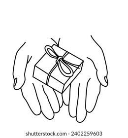 hand holding gift box present line art vector illustration