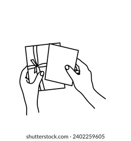 hand holding gift box present line art vector illustration