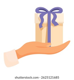 Hand holding a gift box with a purple ribbon, perfect for projects related to giving, receiving, or celebrating