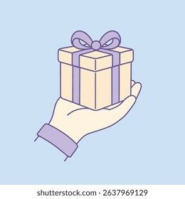 Hand holding a gift box with a purple ribbon. Minimalist vector illustration in soft pastel colors