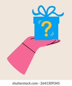 Hand holding gift box with a question mark. Colorful vector illustration
