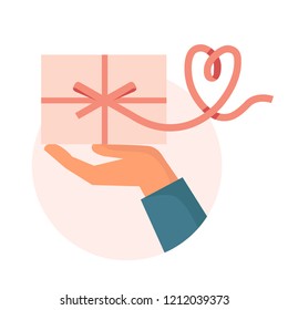 Hand holding gift box with a ribbon in shape of heart. Flat design vector illustration concept isolated on white