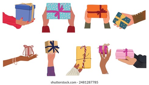 Hand holding gift box set. Present boxes, holiday packages in festive paper wrapping, tied with ribbon, bow. Christmas, birthday surprises. Flat vector illustrations isolated on white background.