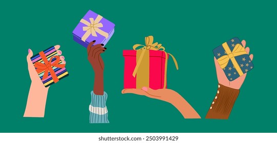 Hand holding gift box set. Present boxes, holiday packages in festive paper wrapping, tied with ribbon, bow. Christmas, birthday surprises. Flat vector illustrations isolated on green background