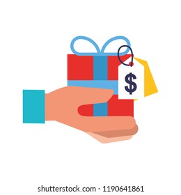 hand holding gift box tag price online shopping