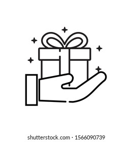 Hand holding gift box vector illustration with simple line design. Present icon 