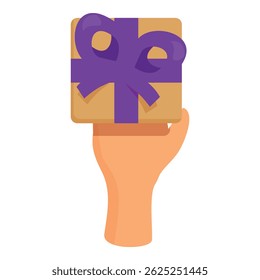 Hand is holding up a gift box wrapped with a purple ribbon
