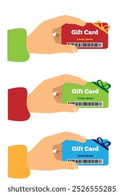 Hand Holding a Gift Card Different Colors. Presents for retail shopping discount concept vector