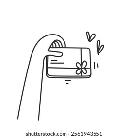 hand holding gift card doodle style cartoon