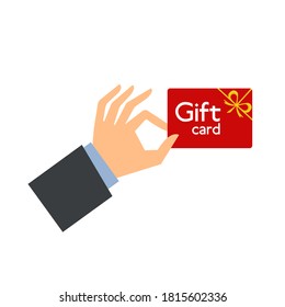 Hand, die eine Geschenkkarte hält. Flache Vektorgrafik