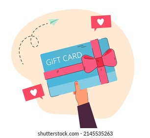 Hand holding gift card flat vector illustration. Person giving or receiving birthday present. Celebration, coupon, shopping concept for banner, website design or landing web page