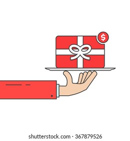 hand holding gift card on dish. concept of profitable terms, favorable conditions, black friday or cyber monday sale. isolated on white background. flat style trend modern design vector illustration