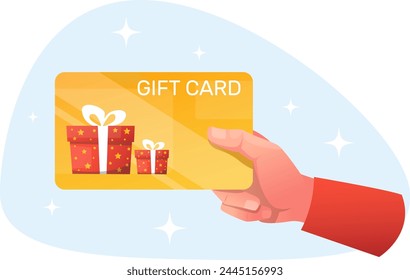 Hand holding a gift card, receiving a gift or bonus