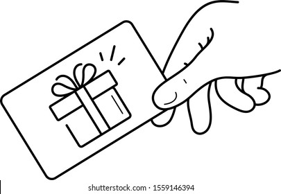Hand holding gift card. Vector outline icon.