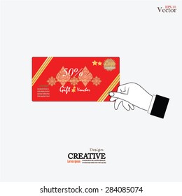 hand holding gift card.hand with gift card.vector illustration.