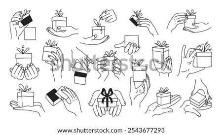 Hand Holding Gift Doodle Set. Collection of line gestures with Birthday and Christmas presents. Outline vector illustration with fingers and tied bows