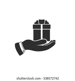Hand holding gift icon, vector. Gift on hand web icon.