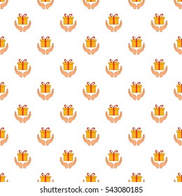 Hand holding gift pattern. Cartoon illustration of hand holding gift vector pattern for web