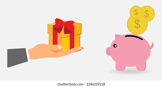 Hand holding a gift and a piggy bank with dollar symbol