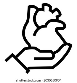 hand holding gift sack icon, line drawing style, black and white color.