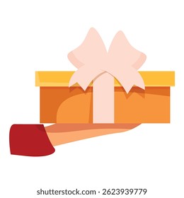 Hand hält ein Geschenk in goldenem Papier mit einem rosafarbenen Band auf weißem Hintergrund