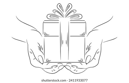 a hand holding giftbox line art silhouette illustration