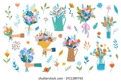 Hand holding or giving blooming bouquet of flowers, spring blossom and flourishing. Florist composition for holiday celebration. Flora in vase, decorative branches. Vector in flat cartoon style