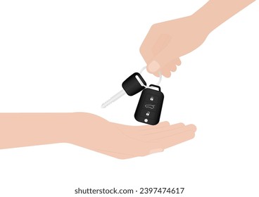 Hand Holding and Giving Car Key. Vector Illustration Isolated on White Background. 