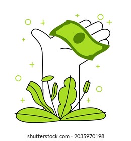 Hand holding or giving cash. Green money bill. Payment for product. Money investments. Modern trendy outline cartoon
