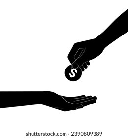 Hand Holding and Giving Coin Silhouette Black and and White. Vector Illustration. Growing Money, Saving and Investment Concept. 