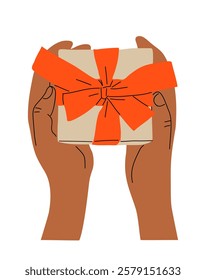 Hand holding, giving gift box with red ribbon bow. Holiday, Valentines Day present. Festive birthday giftbox, surprise in arm. Donation concept. Flat vector illustration isolated on white background