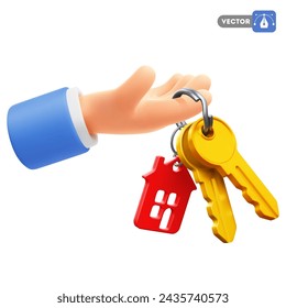 Hand holding or giving keys with keychain in the form of house. Real estate concept, buying, selling, protection, security, property insurance. Isolated on white. Vector 3d realistic illustration