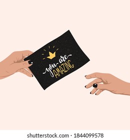 Hand holding and giving thank you card. Charity, assistance, donation, volunteering concept. Symbol of gratitude, appreciation for help, support. Vector illustration, flat style