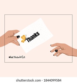 Hand holding and giving thank you card. Thanksgiving, charity, assistance, donation, volunteering concept. Symbol of gratitude, appreciation for help, support. Vector illustration, flat style