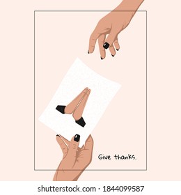 Hand holding and giving thank you card. Thanksgiving, charity, assistance, donation, volunteering concept. Symbol of gratitude, appreciation for help, support. Vector illustration, flat style