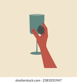 Mano sujetando el vaso con un cóctel de alcohol. Gimnasio con bebida, diseño abstracto para tarjetas de felicitación, postales, invitaciones, menú. Ilustración del vector