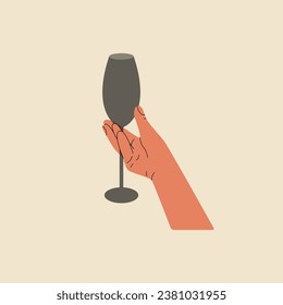 Hand holding glass with alcohol cocktail. Wineglass with champagne drink, abstract design for greeting cards, postcards, menu, invitation. Vector illustration