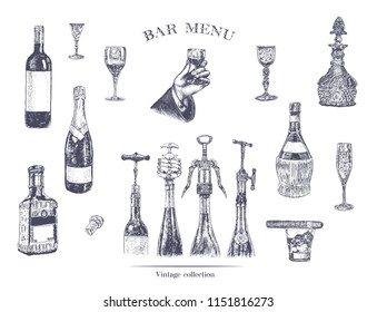 Hand holding a glass of alcohol drink. Hand drawn vector illustration with wine bottle, champagne, glass, tequila, decanter, glass of whisky and cigar, stopper, stopper, corkscrew in wine bottles. Vin