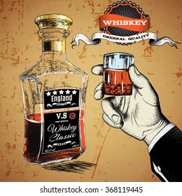 Hand holding a glass of alcohol drink. Bottle  stand near the hand.Design for advertising of whiskey.Vector illustration