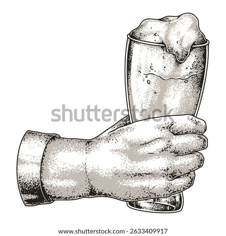 A hand is holding a glass of beer filled with bubbles and foam. The glass is transparent showcasing the beer's golden color. This serves as a classic toast in social settings.