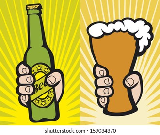 hand holding a glass of beer and green bottle