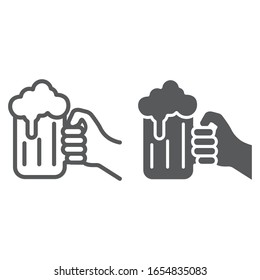 Hand holding a glass of beer line and glyph icon, st patrick s day and alcohol, hand hold glass beer sign, vector graphics, a linear pattern on a white background, eps 10