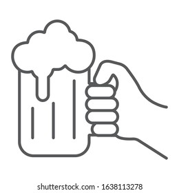 Hand Holding A Glass Of Beer Thin Line Icon, St Patrick's Day And Alcohol, Hand Hold Glass Beer Sign, Vector Graphics, A Linear Pattern On A White Background, Eps 10