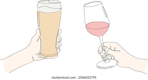 Hand holding a glass of beer and wine. Continuous one line drawing with color. Minimal illustration vector.	