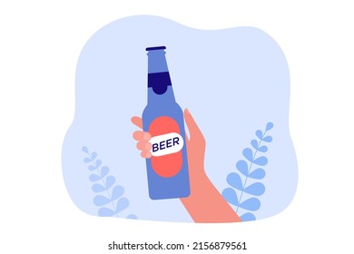 Hand holding glass bottle of beer. Person with alcoholic drink with label flat vector illustration. Alcohol, addiction, celebration concept for banner, website design or landing web page