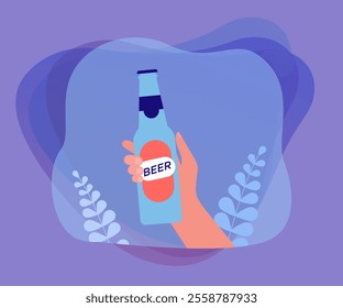 Hand holding glass bottle of beer. Person with alcoholic drink with label flat vector illustration. Alcohol, addiction, celebration concept for banner, website design or landing web page