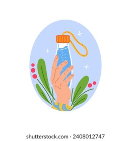 Hand holding glass bottle of clean water. Vector flat illustration of person holds a glass cup of pure aqua in arm. Beverage drink on floral decorative background in oval frame