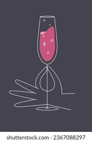 Hand holding glass of champagne drawing in flat line style on dark blue background